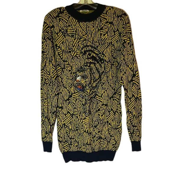 Kenzo Paris Yellow Black Geometric Print Beaded Tiger Sweater Tunic Dress RARE - Picture 1 of 12